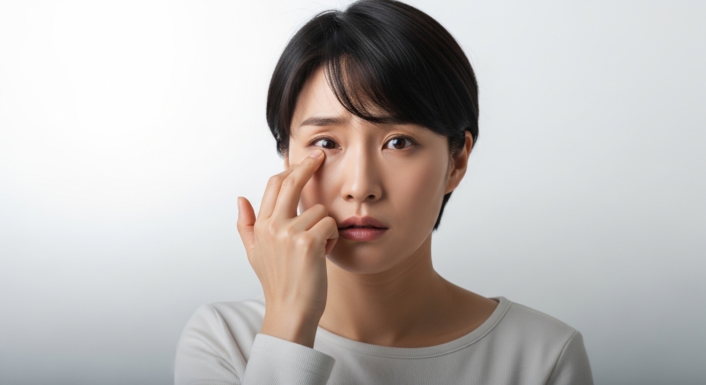 일상생활 중 갑작스러운 눈꺼풀 떨림 증상으로 인해 불편함을 느끼는 모습